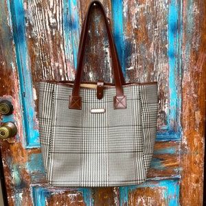 Vintage RALPH LAUREN Beige Brown Plaid Leather Trim Canvas Tote Bag Purse Travel